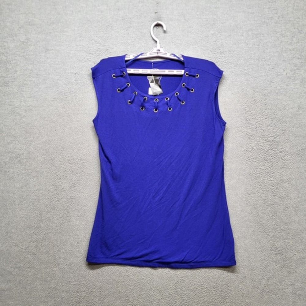 INC International Concepts Women Blouse L Goddess Blue Eyelet Grommet Round NWT